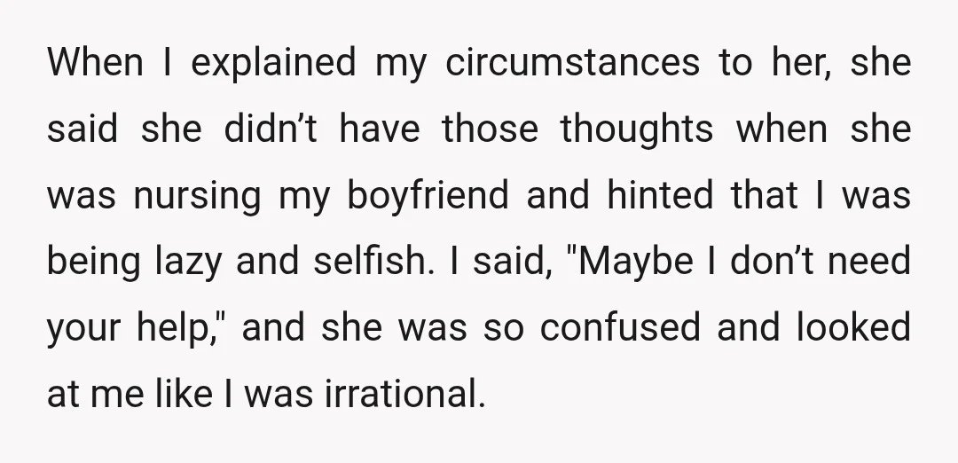 When I explained my circumstances to her, she said she didn’t have those thoughts when she was nursing my boyfriend and hinted that I was being lazy and selfish. I...