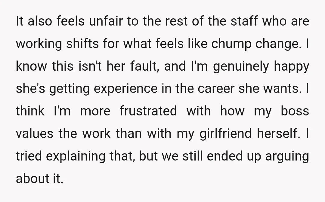 It also feels unfair to the rest of the staff who are working shifts for what feels like chump change. I know this isn't her fault, and I'm genuinely happy...