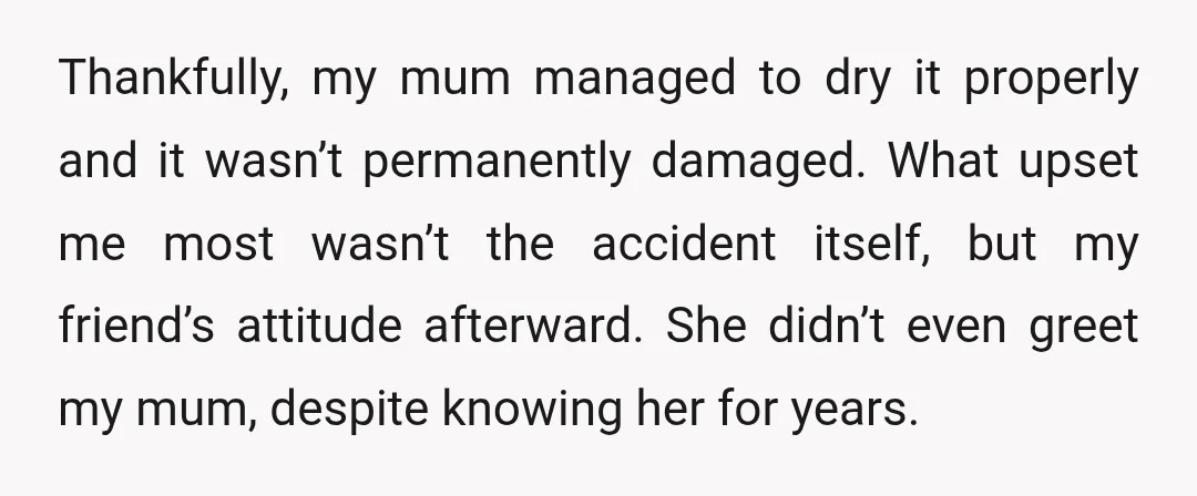 Thankfully, my mum managed to dry it properly and it wasn’t permanently damaged. What upset me most wasn’t the accident itself, but my friend’s attitude afterward. She didn’t even greet...