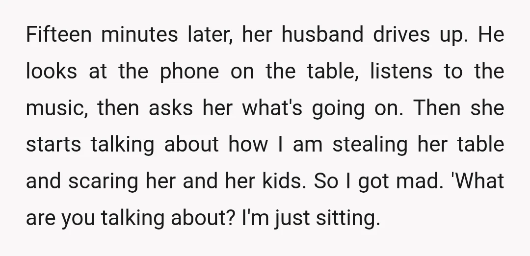 Fifteen minutes later, her husband drives up. He looks at the phone on the table, listens to the music, then asks her what's going on. Then she starts talking about...