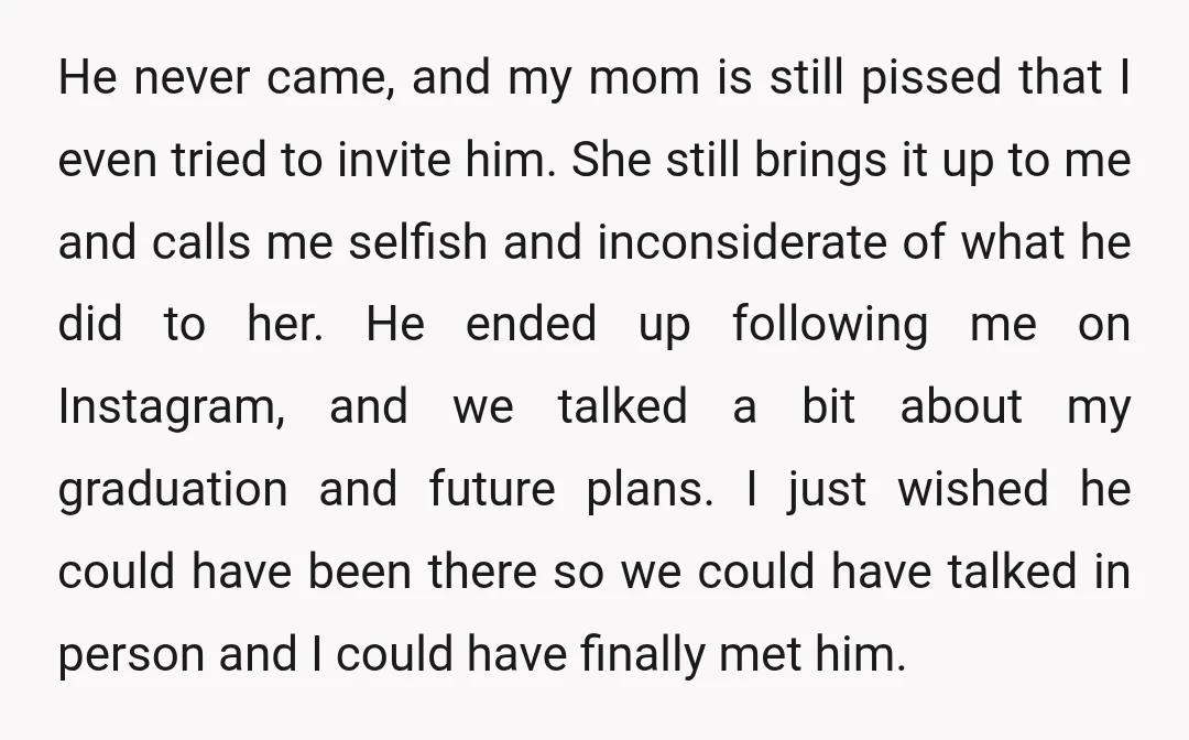 He never came, and my mom is still pissed that I even tried to invite him. She still brings it up to me and calls me selfish and inconsiderate of...