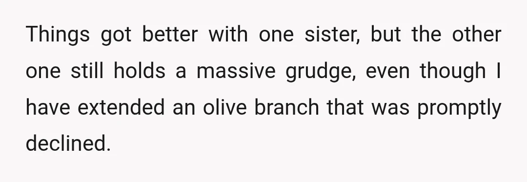 Things got better with one sister, but the other one still holds a massive grudge, even though I have extended an olive branch that was promptly declined.