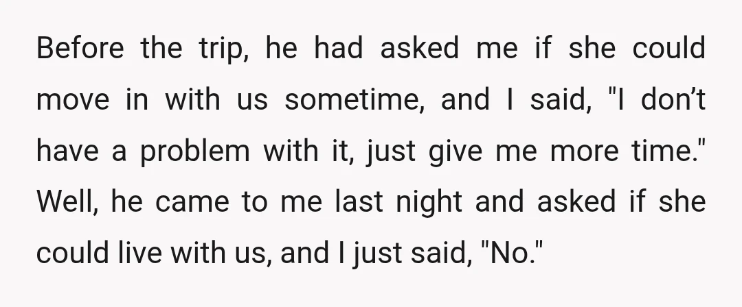 Before the trip, he had asked me if she could move in with us sometime, and I said, "I don’t have a problem with it, just give me more time."...
