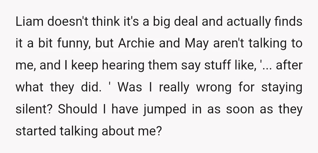 Liam doesn't think it's a big deal and actually finds it a bit funny, but Archie and May aren't talking to me, and I keep hearing them say stuff like,...
