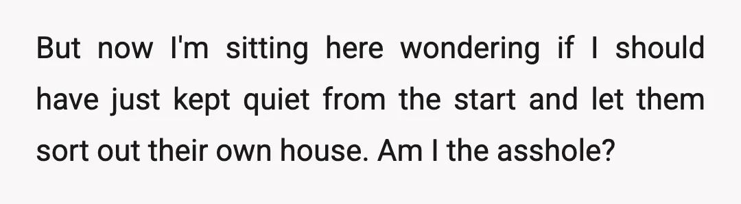 But now I'm sitting here wondering if I should have just kept quiet from the start and let them sort out their own house. Am I the asshole?