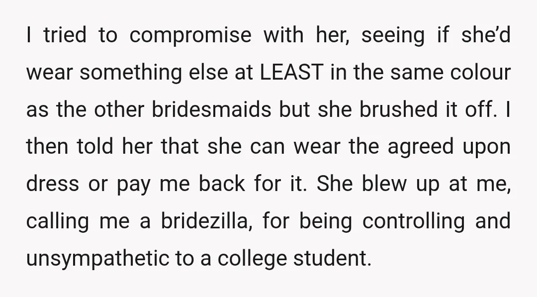 I tried to compromise with her, seeing if she’d wear something else at LEAST in the same colour as the other bridesmaids but she brushed it off. I then told...