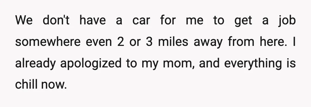 We don't have a car for me to get a job somewhere even 2 or 3 miles away from here. I already apologized to my mom, and everything is chill...