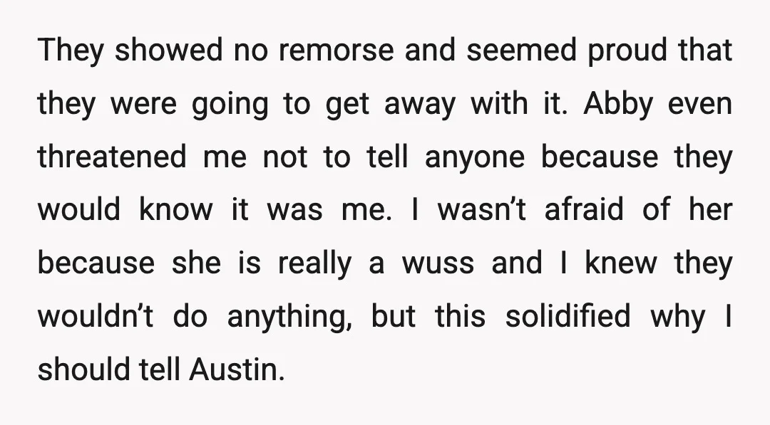 They showed no remorse and seemed proud that they were going to get away with it. Abby even threatened me not to tell anyone because they would know it was...