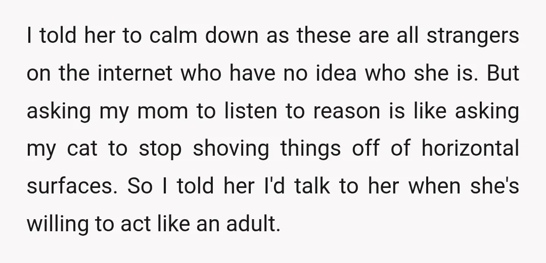I told her to calm down as these are all strangers on the internet who have no idea who she is. But asking my mom to listen to reason is...