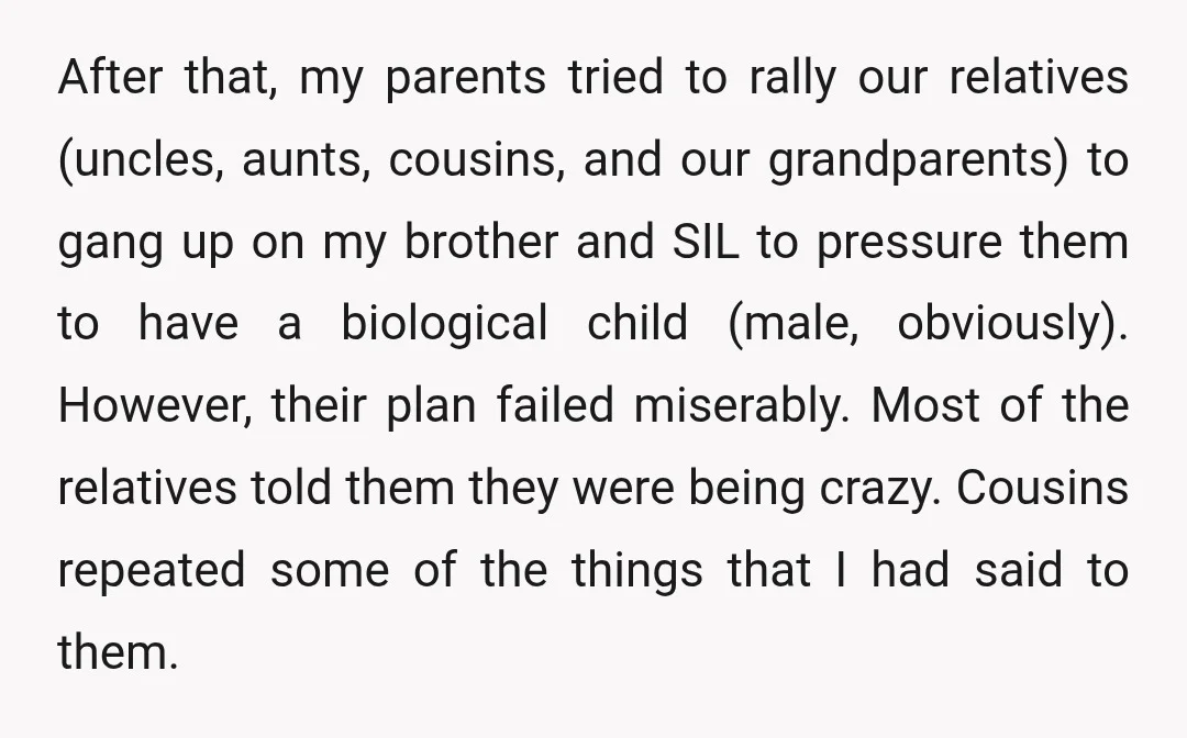 After that, my parents tried to rally our relatives (uncles, aunts, cousins, and our grandparents) to gang up on my brother and SIL to pressure them to have a biological...