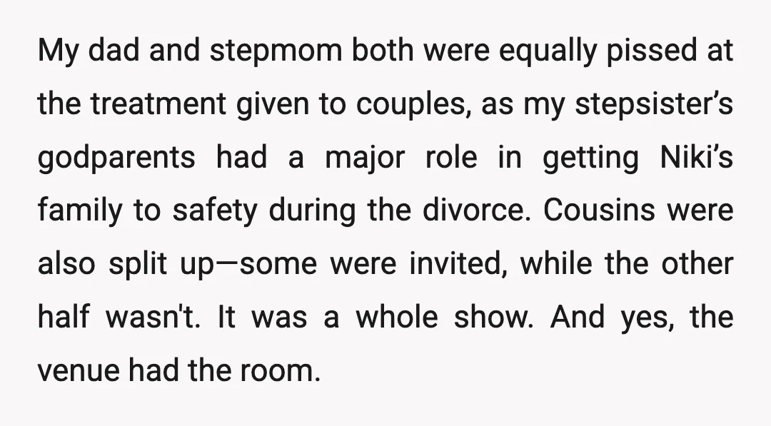 My dad and stepmom both were equally pissed at the treatment given to couples, as my stepsister’s godparents had a major role in getting Niki’s family to safety during the...