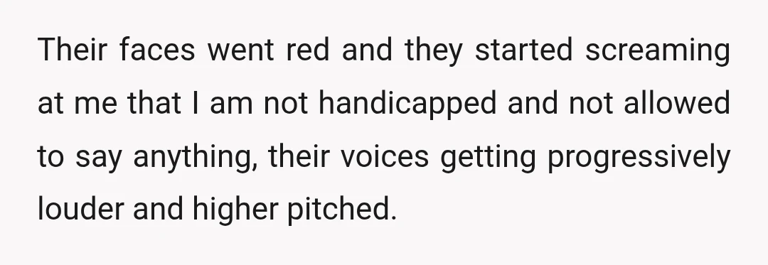 Their faces went red and they started screaming at me that I am not handicapped and not allowed to say anything, their voices getting progressively louder and higher pitched.