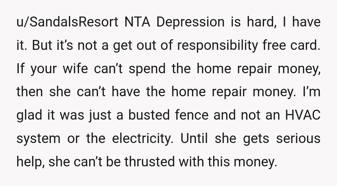 u/SandalsResort NTA Depression is hard, I have it. But it’s not a get out of responsibility free card. If your wife can’t spend the home repair money, then she can’t...