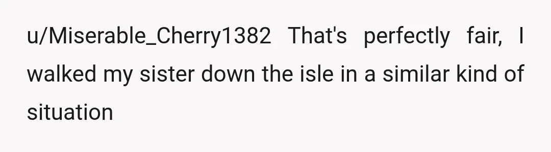 u/Miserable_Cherry1382
That's perfectly fair, I walked my sister down the isle in a similar kind of situation