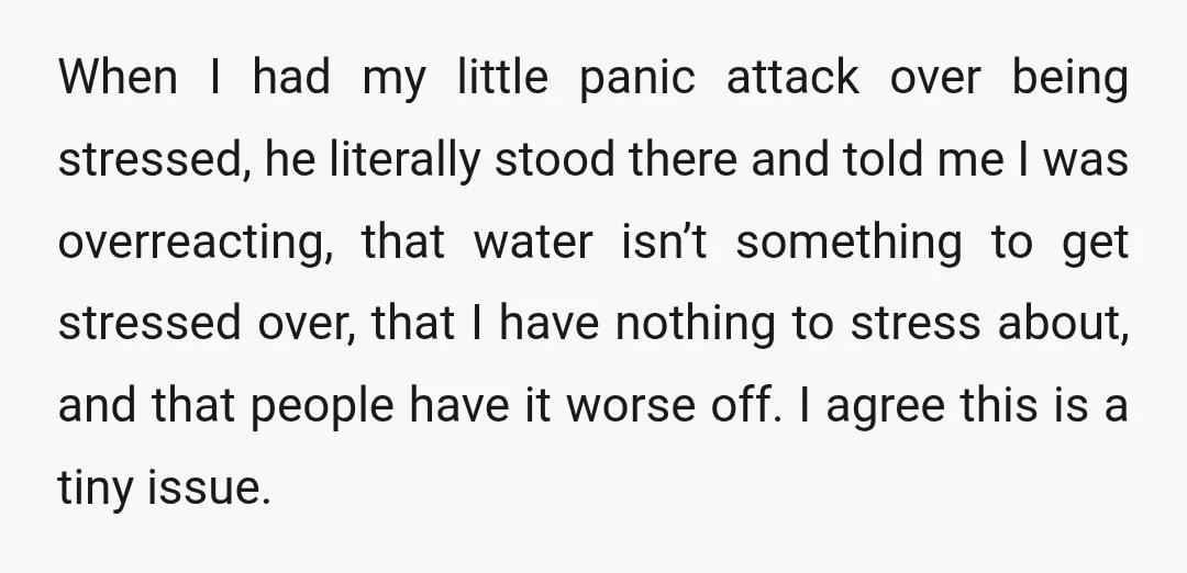 When I had my little panic attack over being stressed, he literally stood there and told me I was overreacting, that water isn’t something to get stressed over, that I...