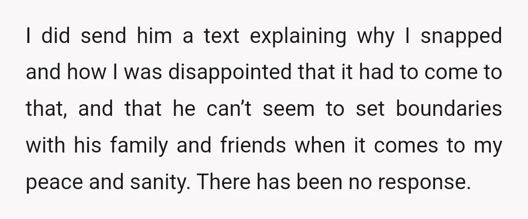 I did send him a text explaining why I snapped and how I was disappointed that it had to come to that, and that he can’t seem to set boundaries...