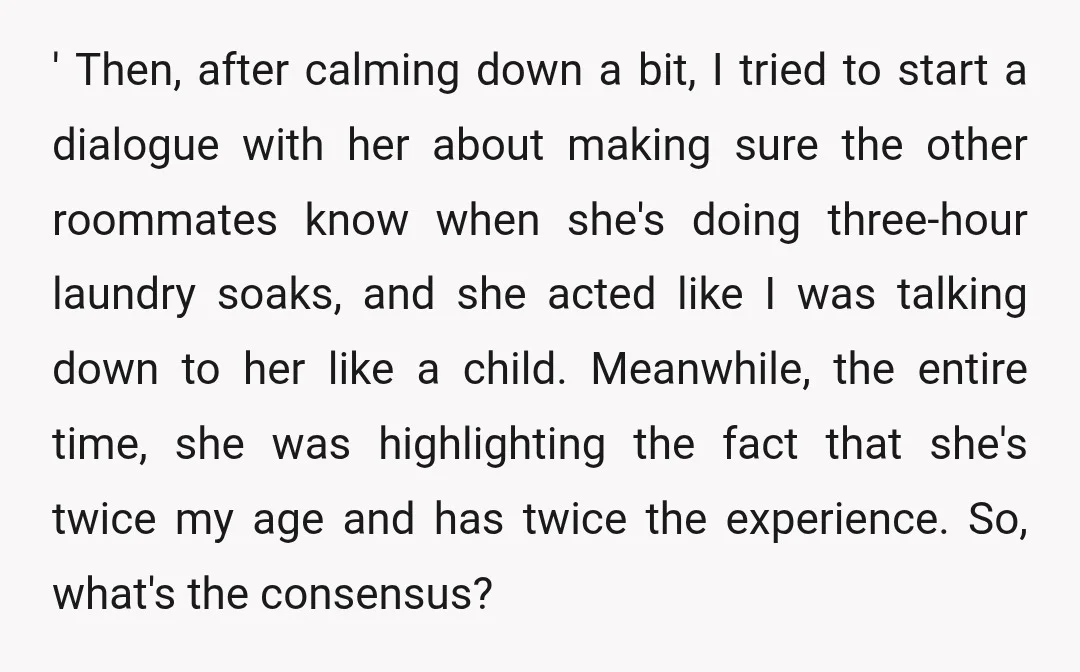 ' Then, after calming down a bit, I tried to start a dialogue with her about making sure the other roommates know when she's doing three-hour laundry soaks, and she...