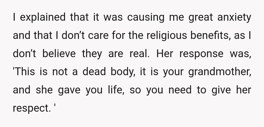 I explained that it was causing me great anxiety and that I don’t care for the religious benefits, as I don’t believe they are real. Her response was, 'This is...