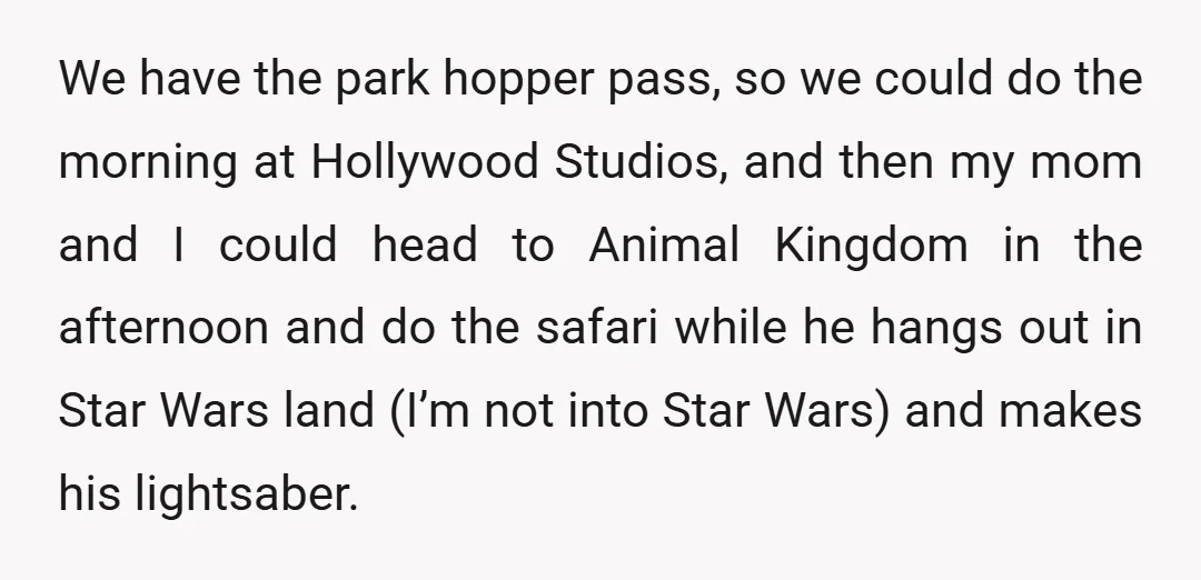 We have the park hopper pass, so we could do the morning at Hollywood Studios, and then my mom and I could head to Animal Kingdom in the afternoon and...