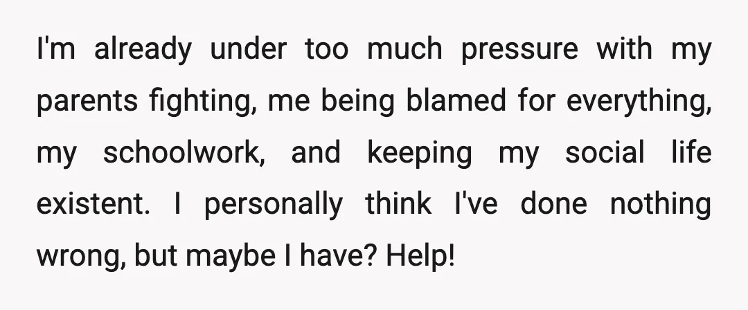 I'm already under too much pressure with my parents fighting, me being blamed for everything, my schoolwork, and keeping my social life existent. I personally think I've done nothing wrong,...
