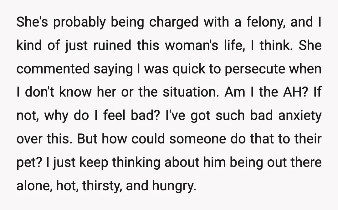 She's probably being charged with a felony, and I kind of just ruined this woman's life, I think. She commented saying I was quick to persecute when I don't know...