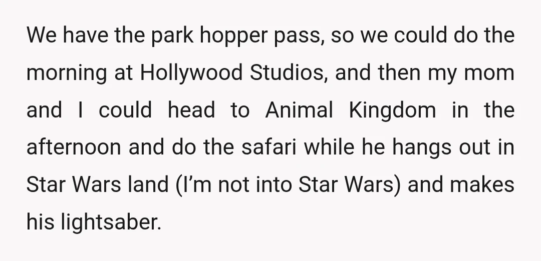 We have the park hopper pass, so we could do the morning at Hollywood Studios, and then my mom and I could head to Animal Kingdom in the afternoon and...