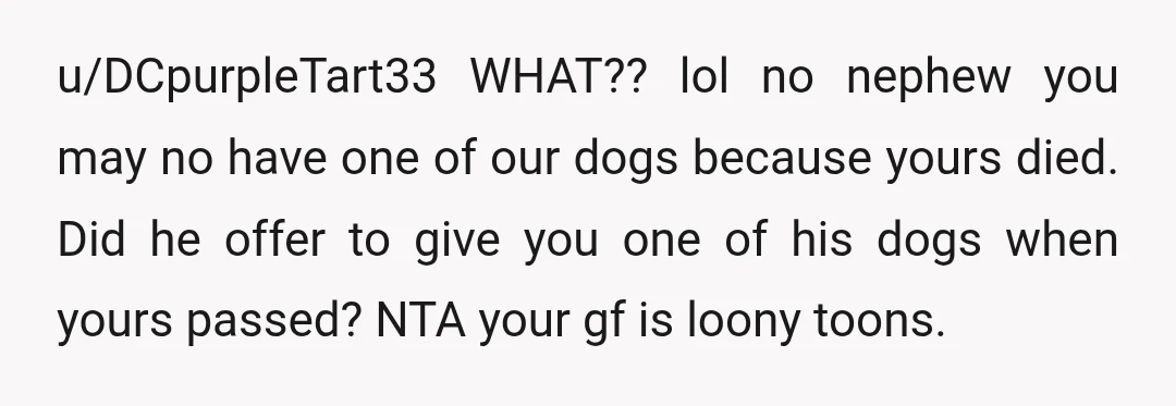 u/DCpurpleTart33 WHAT?? lol no nephew you may no have one of our dogs because yours died. Did he offer to give you one of his dogs when yours passed? NTA...