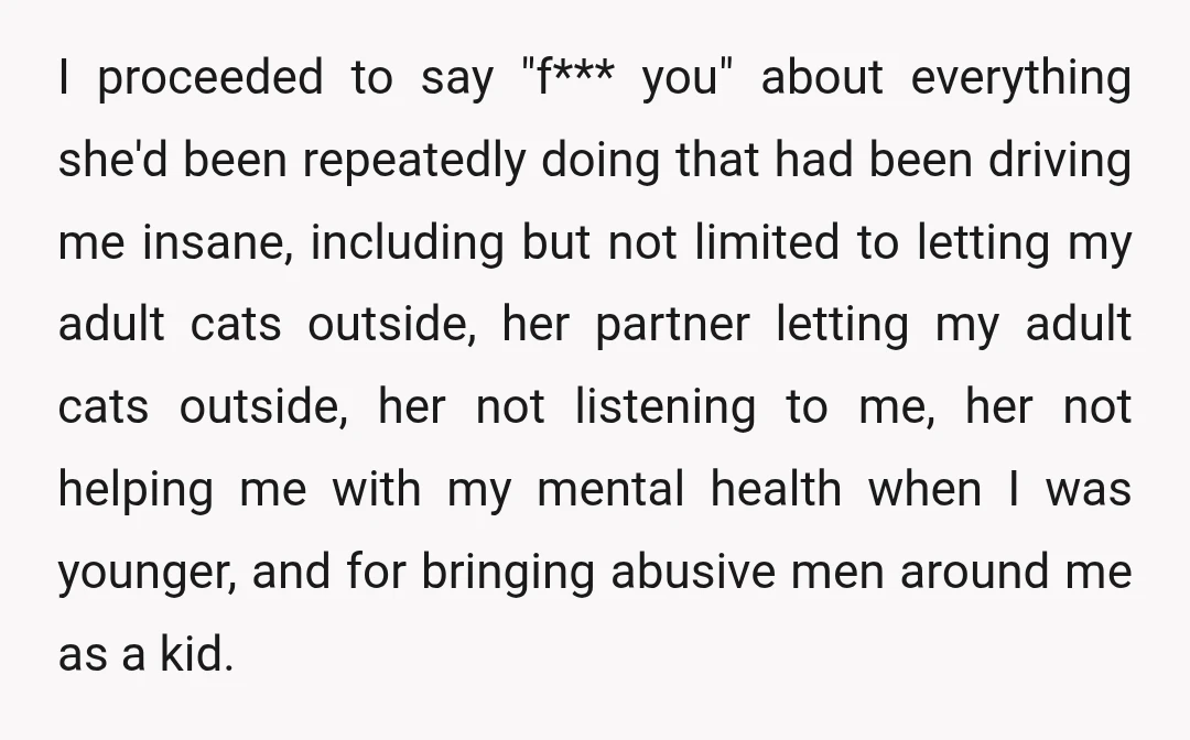 I proceeded to say "f*** you" about everything she'd been repeatedly doing that had been driving me insane, including but not limited to letting my adult cats outside, her partner...