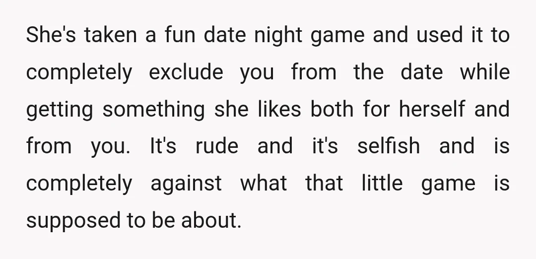 u/Illustrious_Leg_2537
So you put the wine back you’d gotten for her, right? Lol