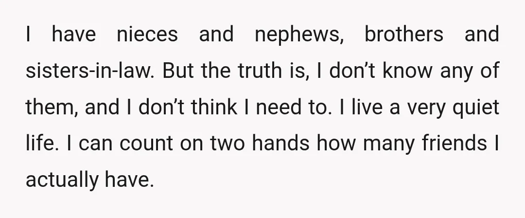 I have nieces and nephews, brothers and sisters-in-law. But the truth is, I don’t know any of them, and I don’t think I need to. I live a very quiet...