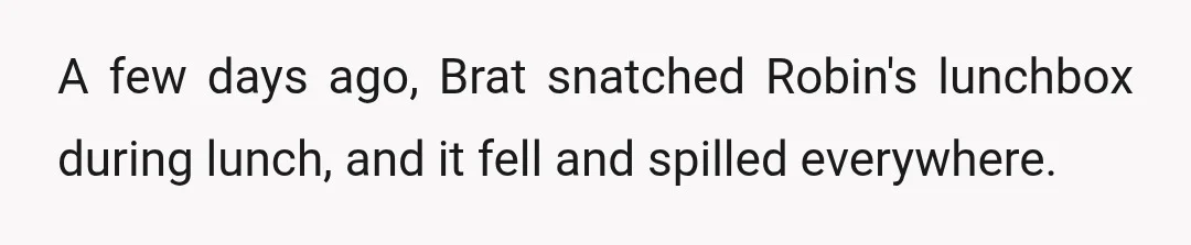A few days ago, Brat snatched Robin's lunchbox during lunch, and it fell and spilled everywhere.