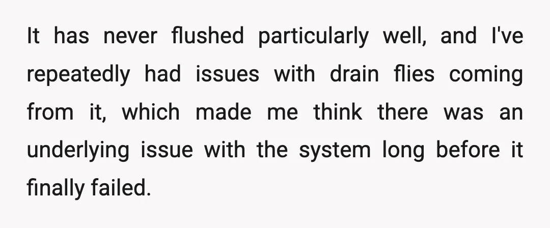 It has never flushed particularly well, and I've repeatedly had issues with drain flies coming from it, which made me think there was an underlying issue with the system long...