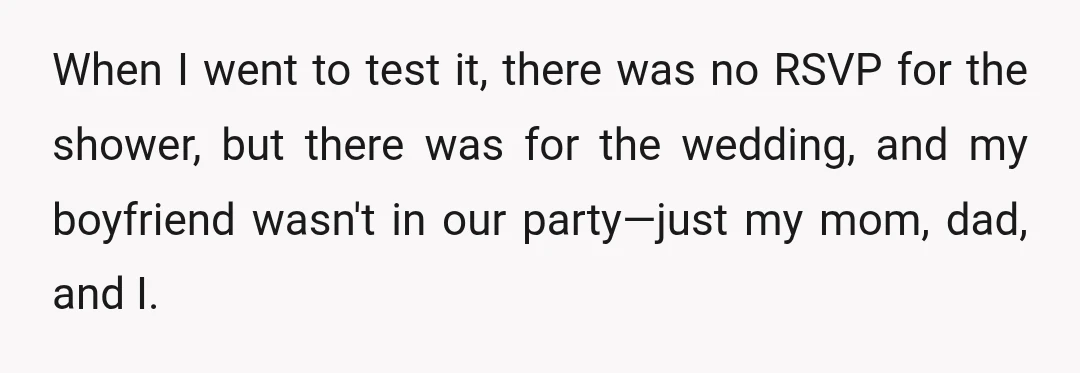When I went to test it, there was no RSVP for the shower, but there was for the wedding, and my boyfriend wasn't in our party—just my mom, dad, and...