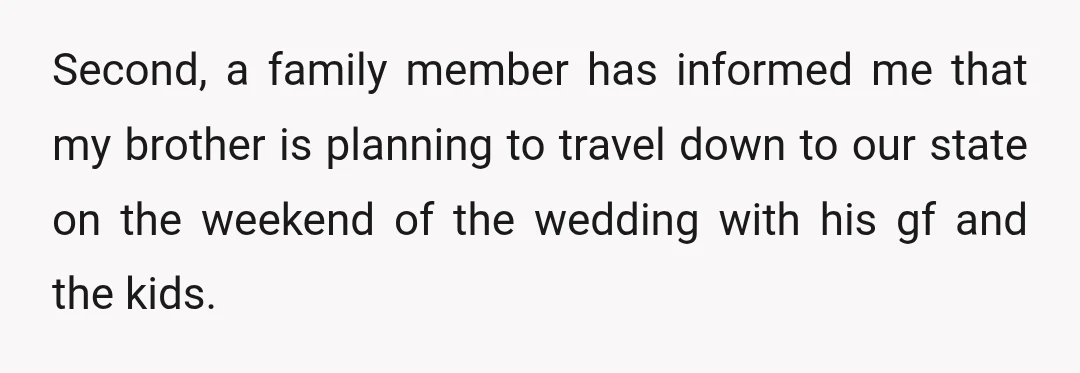 Second, a family member has informed me that my brother is planning to travel down to our state on the weekend of the wedding with his gf and the kids.