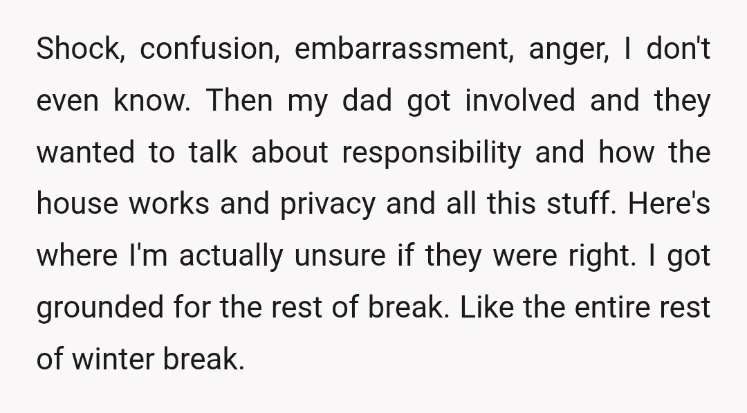 Shock, confusion, embarrassment, anger, I don't even know. Then my dad got involved and they wanted to talk about responsibility and how the house works and privacy and all this...