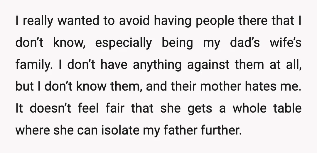 I really wanted to avoid having people there that I don’t know, especially being my dad’s wife’s family. I don’t have anything against them at all, but I don’t know...