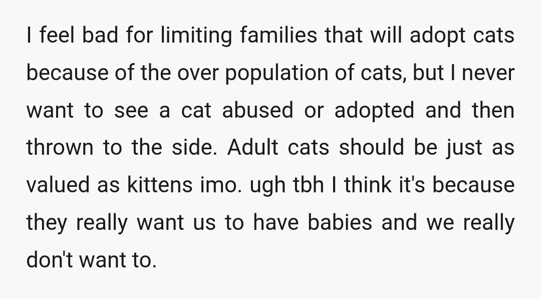 I feel bad for limiting families that will adopt cats because of the over population of cats, but I never want to see a cat abused or adopted and then...