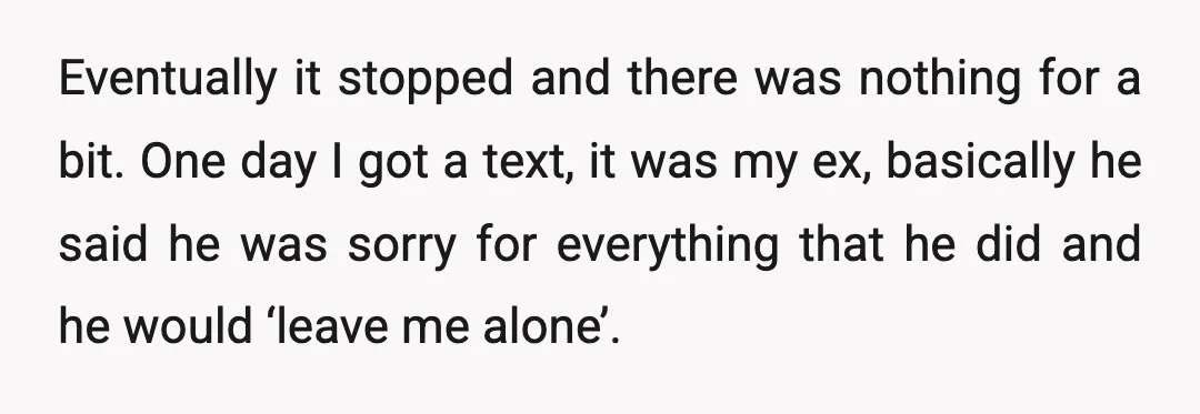 Eventually it stopped and there was nothing for a bit. One day I got a text, it was my ex, basically he said he was sorry for everything that he...