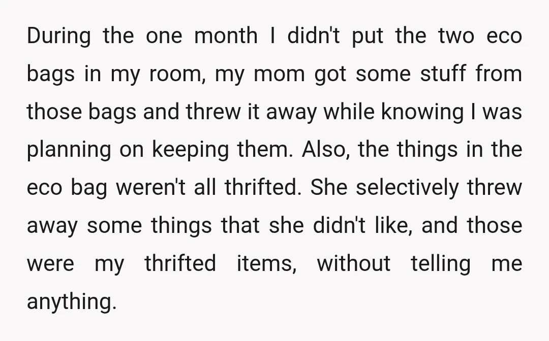 During the one month I didn't put the two eco bags in my room, my mom got some stuff from those bags and threw it away while knowing I was...