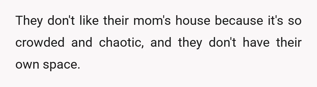 They don't like their mom's house because it's so crowded and chaotic, and they don't have their own space.