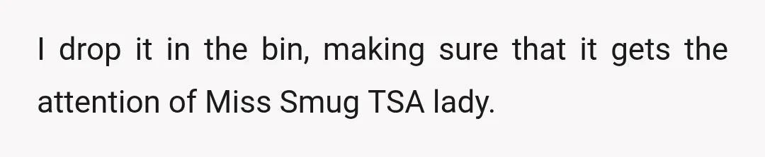 I drop it in the bin, making sure that it gets the attention of Miss Smug TSA lady.