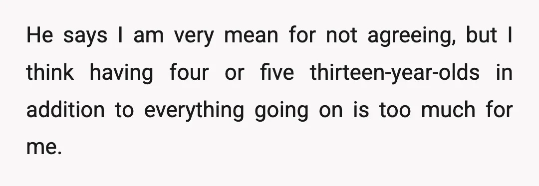 He says I am very mean for not agreeing, but I think having four or five thirteen-year-olds in addition to everything going on is too much for me.