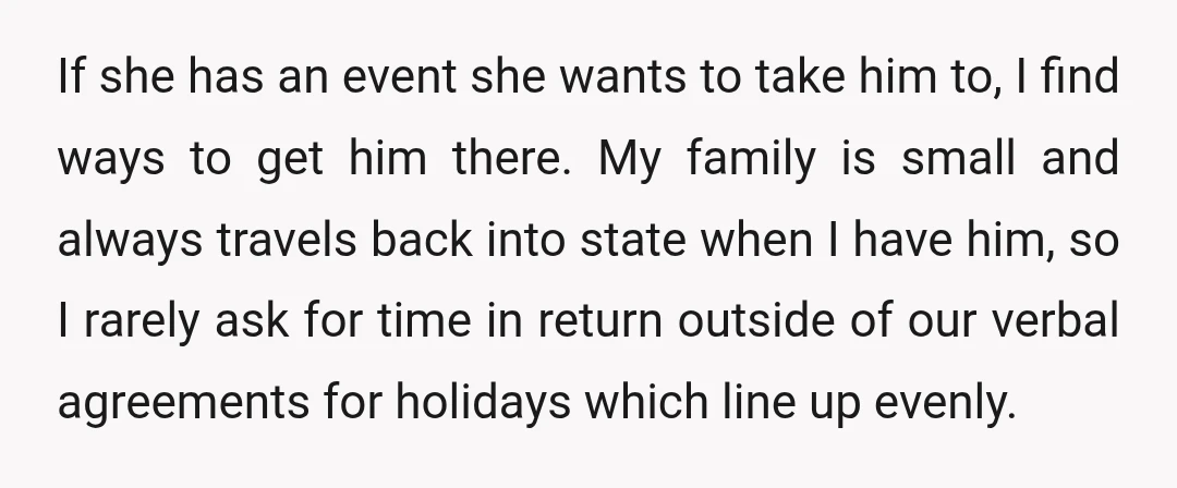 If she has an event she wants to take him to, I find ways to get him there. My family is small and always travels back into state when I...