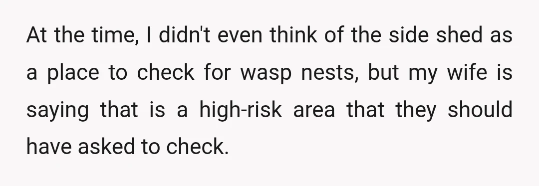 At the time, I didn't even think of the side shed as a place to check for wasp nests, but my wife is saying that is a high-risk area that...