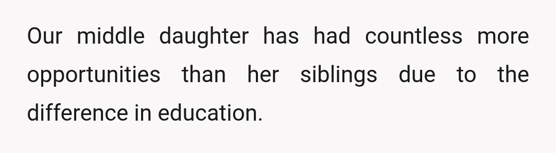 Our middle daughter has had countless more opportunities than her siblings due to the difference in education.