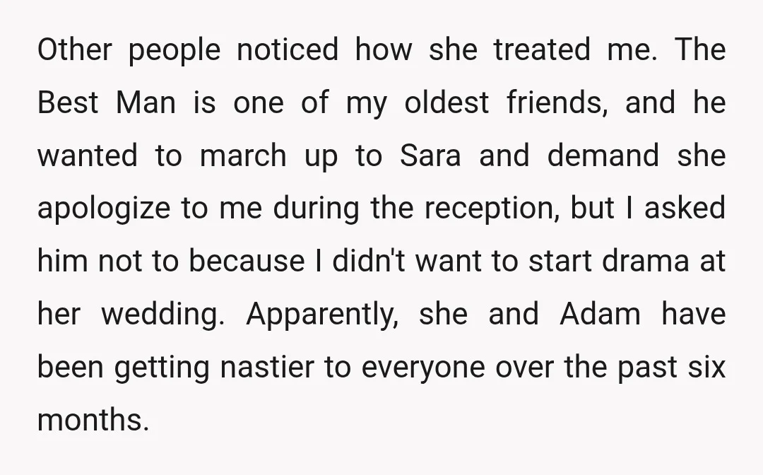 Other people noticed how she treated me. The Best Man is one of my oldest friends, and he wanted to march up to Sara and demand she apologize to me...