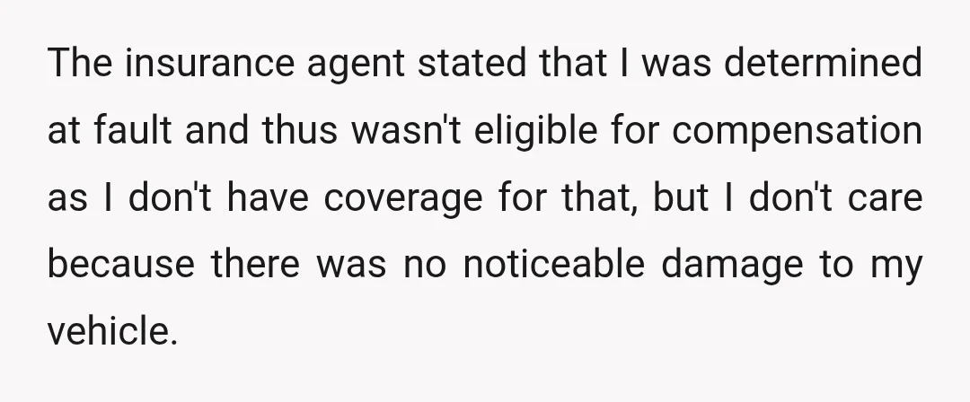 The insurance agent stated that I was determined at fault and thus wasn't eligible for compensation as I don't have coverage for that, but I don't care because there was...