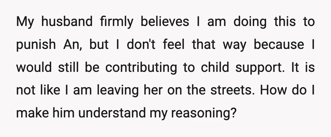 My husband firmly believes I am doing this to punish An, but I don't feel that way because I would still be contributing to child support. It is not like...
