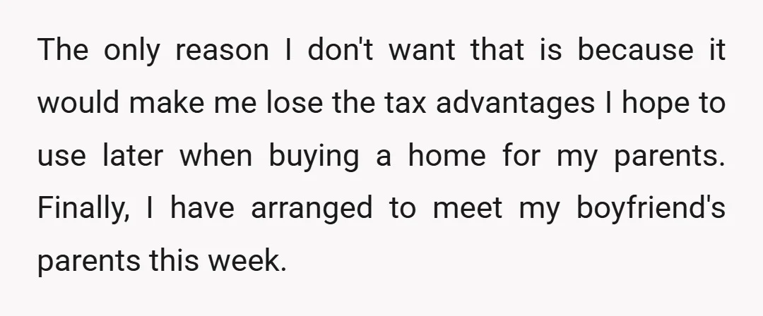 The only reason I don't want that is because it would make me lose the tax advantages I hope to use later when buying a home for my parents. Finally,...
