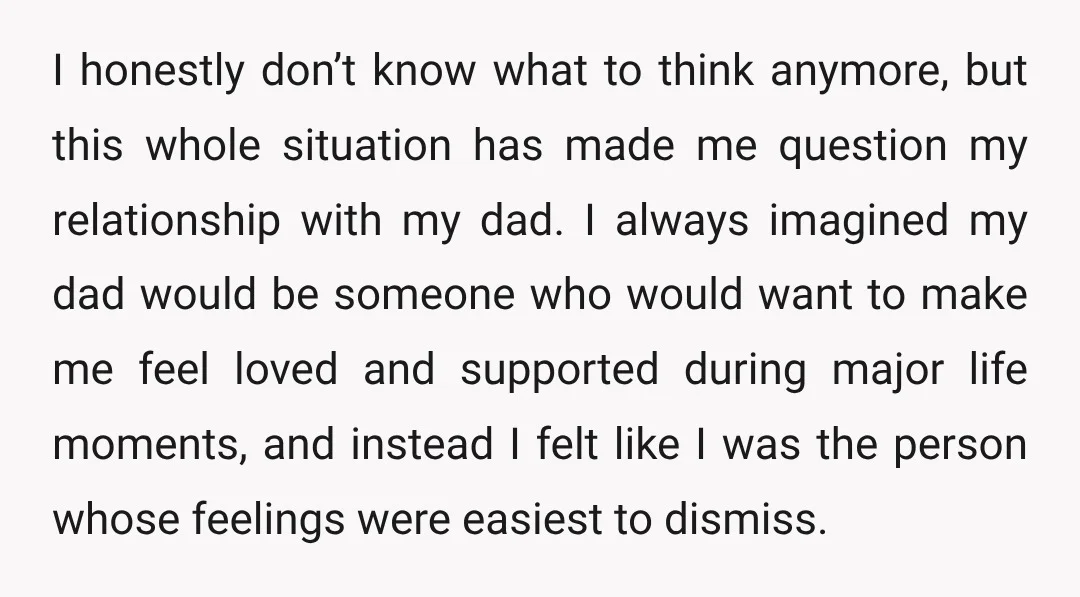 I honestly don’t know what to think anymore, but this whole situation has made me question my relationship with my dad. I always imagined my dad would be someone who...